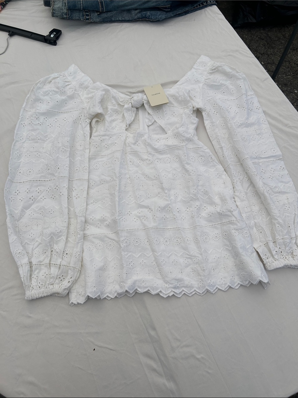 Tularosa White Eyelet Puff-Sleeve Tie-Front Blouse